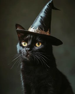 A black cat wearing a tall witch's hat AI generated