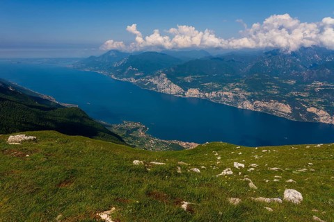 Panoramic view from Monte Baldo on the old town of Malcesine and Lake Garda in Italy