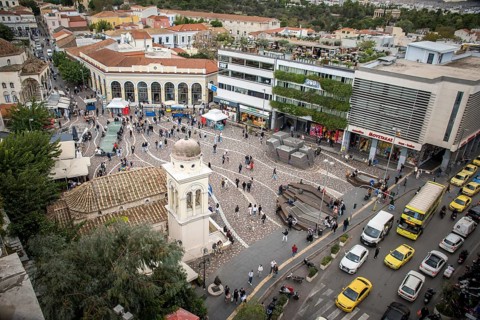 Athens, Greece, November 26th 2023: High angle view over Monastiraki Square and surroundings in