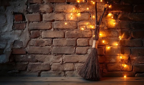 Witch's broom adorned with glowing garlands AI generated