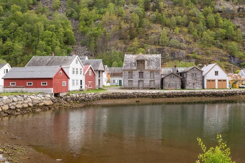 Laerdal, Sogn og Fjordane, Norway, May 2015: street scene with typical and historical houses of