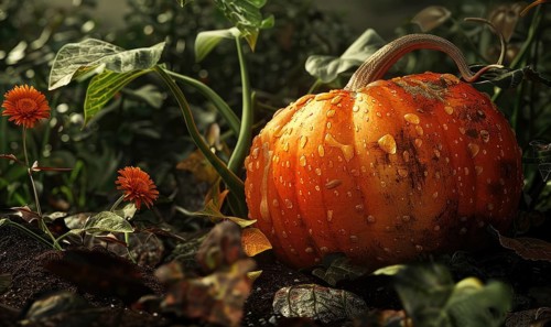 A close-up of a pumpkin vine with a focus on a single large pumpkin AI generated