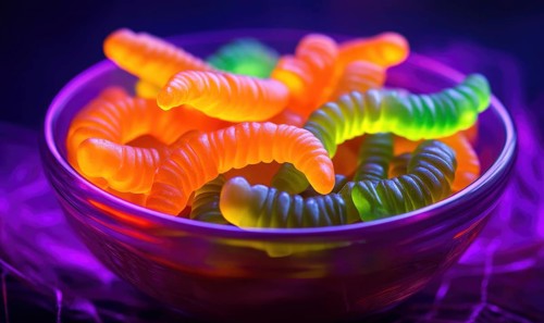 Bowl of gummy worms in orange and green, glowing under purple light, spooky Halloween setting AI