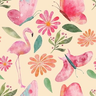 Seamless watercolor pattern illustration with butterflies, flamingos, flowers and leaves on yellow