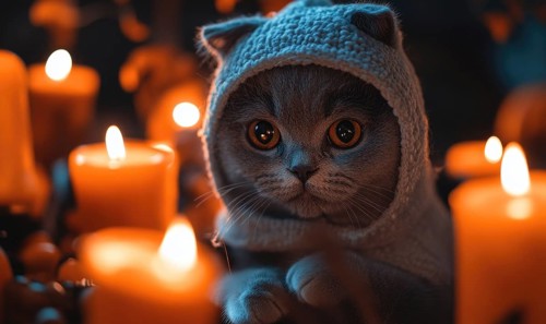 Close-up of a gray cat in a small ghost costume, surrounded by soft candlelight Halloween