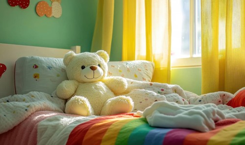 Plush bear nestled in blankets, rainbow-themed bedding, soft green walls AI generated