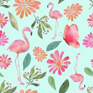 Seamless watercolor pattern illustration with butterflies, flamingos, flowers and leaves on