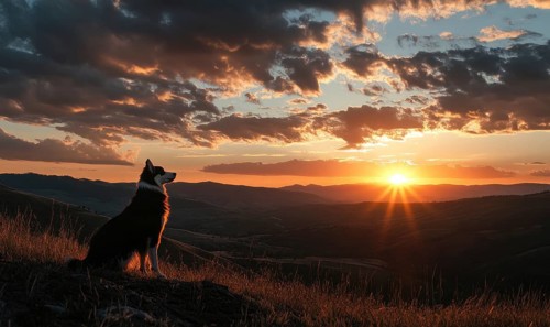 Collie standing on a hilltop, overlooking a valley at sunrise AI generated