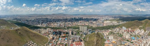 Aerial panorama view of Ulaanbaatar city and Memorial on Zaisan Tolgoi, Mongolia, Asia