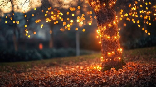 Bare autumn tree with few remaining leaves, strung with warm glowing fairy lights AI generated
