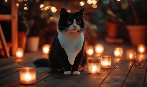 A black and white cat with a ghost costume, sitting on a wooden floor with glowing candles around