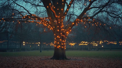 Leafless autumn tree adorned with glowing fairy lights AI generated