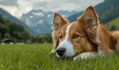 A Collie lying on green grass, with mountains in the background AI generated
