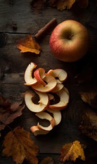 Apple peels on wooden table AI generated