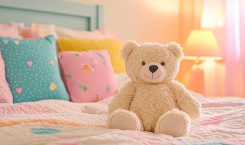 Plush bear sitting on bed, colorful pillows, cozy blankets AI generated