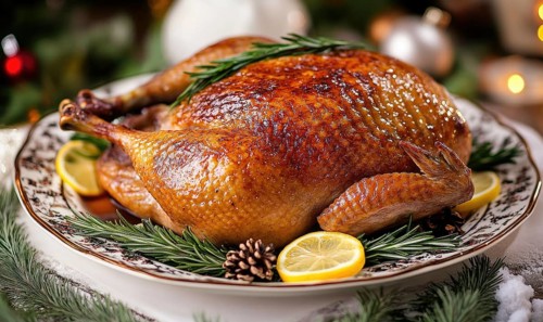 A large roasted turkey with lemon slices and pine cones on top of a white plate. Concept of warmth