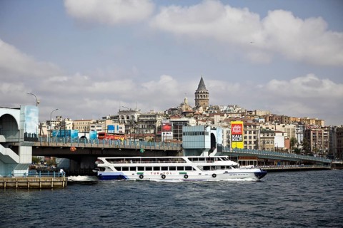 Galata Bridge with Galata Tower in the background, Istanbul, Turkey, Asia