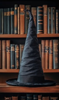 A tall, black witch hat sits on a wooden shelf in front of a bookshelf filled with old books AI