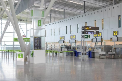 Santiago de Compostela, Spain, September 12th 2023: View on empty check-in queue line of Aena