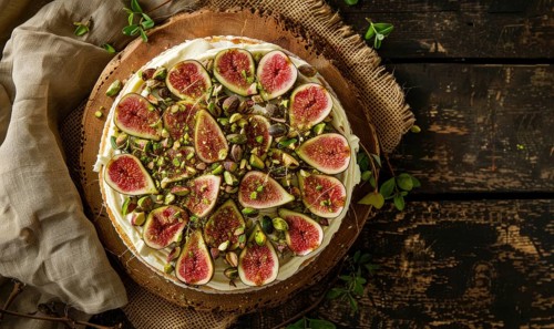 Fig and pistachio cake with cream cheese frosting on a natural burlap cloth AI generated