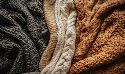 Vibrant knitted hats on a rustic wooden background AI generated