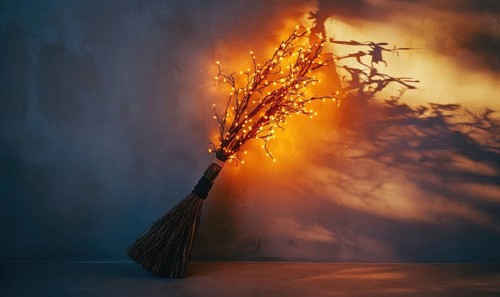 Witch's broom adorned with glowing garlands AI generated