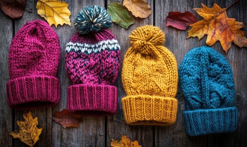 Vibrant knitted hats on a rustic wooden background AI generated