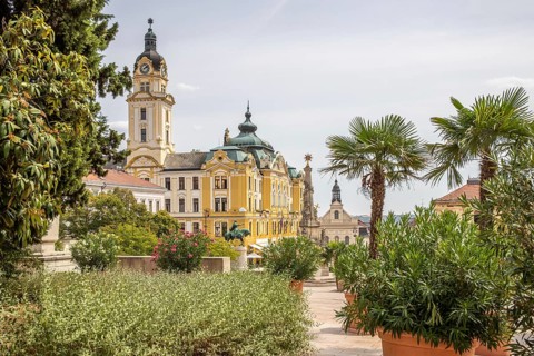 Historic city centre and central square with old historic buildings. Széchenyi Square in the centre