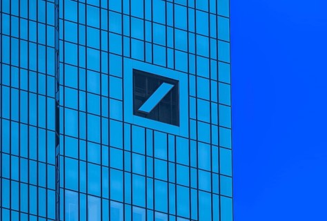 Deutsche Bank headquarters with the company logo slash in the square, Frankfurt am Main, Hesse,