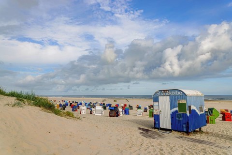 Beach chair hire on the beach of Juist, East Frisian Islands, Germany, Europe