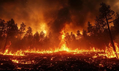 Raging fire spreading through a dense forest, flames climbing high into the treetops AI generated