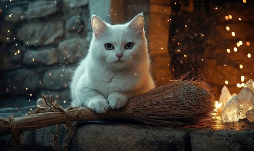 White cat with bright eyes sitting calmly on a broomstick AI generated