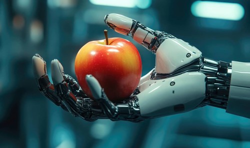 A robotic hand holding a shiny red apple in a futuristic, technological setting AI generated