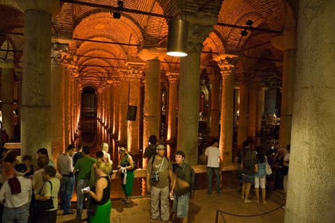 Tourists in Yerebatan Sarayi Cistern, Istanbul, Turkey, Asia