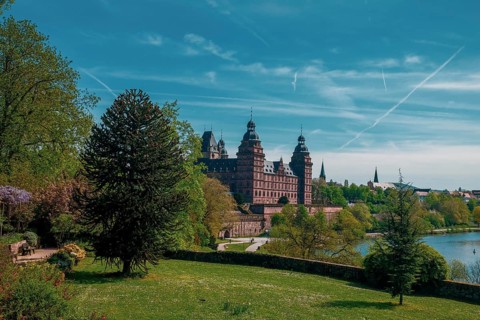 Panoramic view of Johannisburg Castle in Aschaffenburg, Germany, Europe