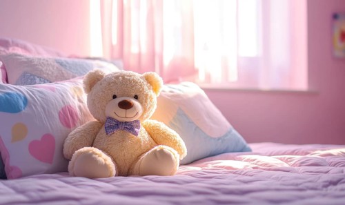 Plush teddy bear nestled in pillows, cozy knitted blanket AI generated
