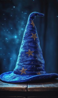 A dark blue wizard hat, embroidered with stars AI generated
