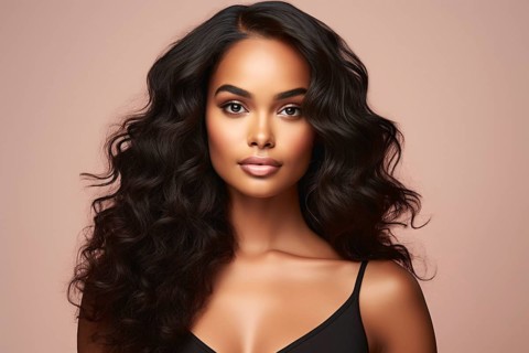 Attractive black woman with long wavy hair. KI generiert, generiert AI generated