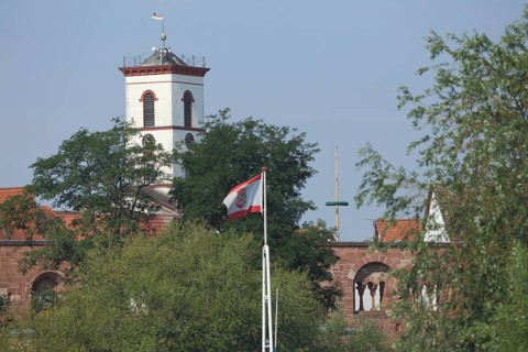Tower of the classicist town hall, Seligenstadt, Main, Hesse, Germany, Europe