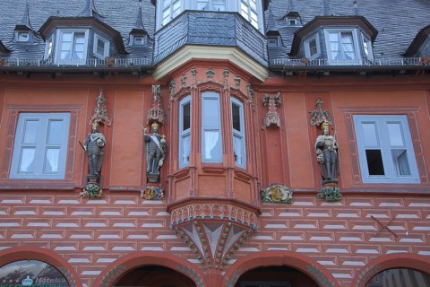 Historic Kaiserworth with oriel, knight figures and ornaments on the market square, Goslar, Harz,