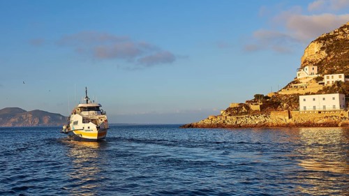 Morning light, hydrofoil, hydrofoil, Liberty Lines, Carmen M., Levanzo town, main town, Levanzo,