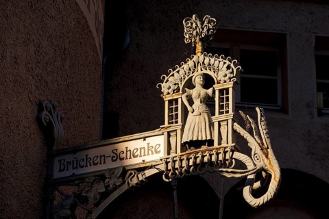 Nose sign of the Brücken-Schenke at the bridge gate in Traben-Trarbach, Middle Moselle,