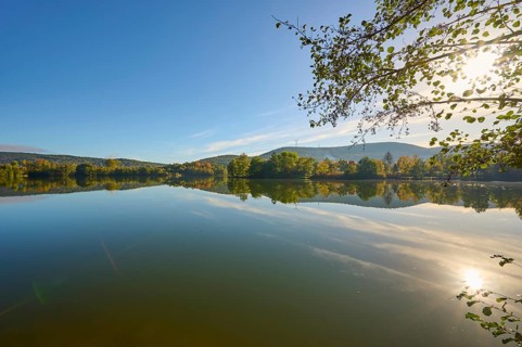 Lake, reflection, sky, clouds, sunrise, autumn, Freudenberg, Odenwald, Baden-Württemberg, Germany,