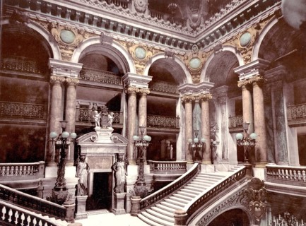 Staircase in the opera House, Paris, France, c. 1890, Historic, digitally restored reproduction