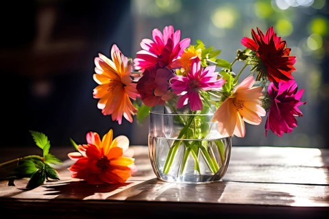 Transparent crystal glass vase with vibrant blooming flowers, AI generated