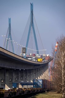 The Köhlbrand Bridge in the port of Hamburg, at the back of the goods train line, spans the 325 m