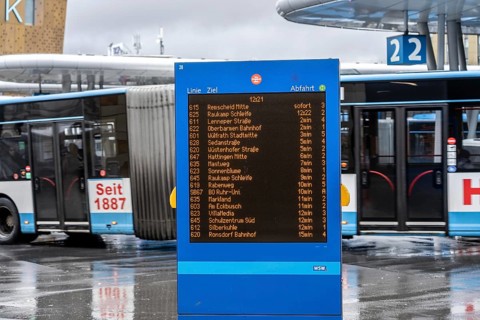 Digital timetable, display board, at the central bus station, WSW buses, at the main railway