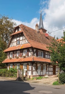 Half-timbered house in Hunspach, Most beautiful village in France 2020, Northern Alsace, Bas-Rhin,