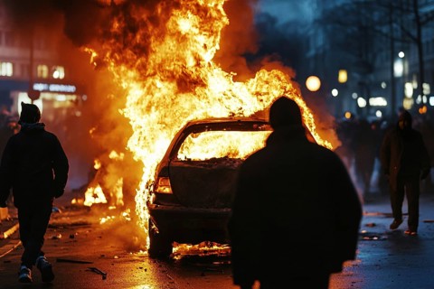 Burning car in street with rioting people at night. Generative Ai, AI generated