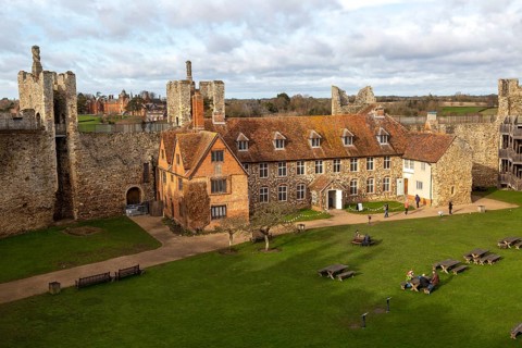 View from wall over interior of castle, Framlingham, Suffolk, England, UK, Framlingham College in